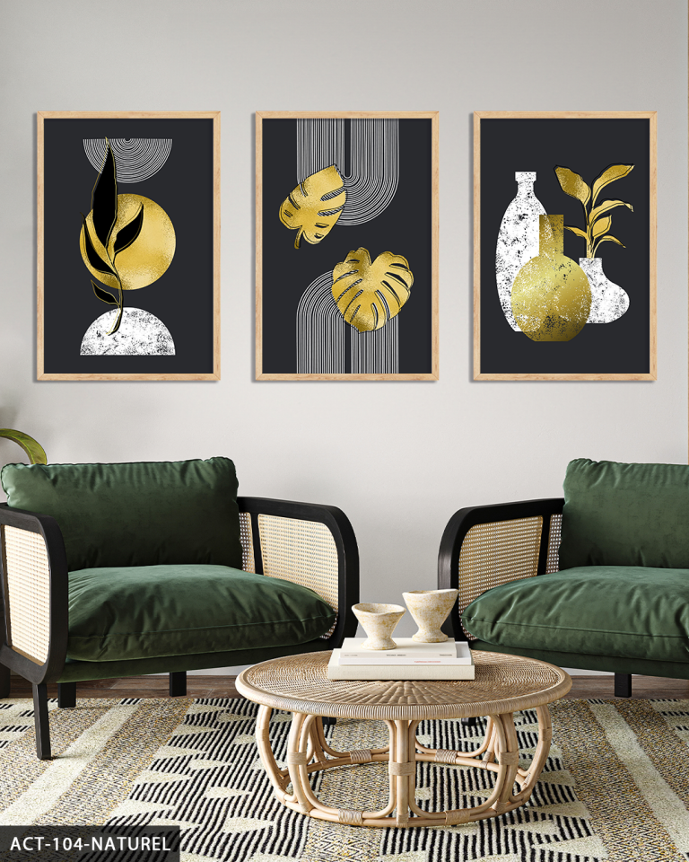 Boho Tarzı Gold Detaylı Yaprak 3 Parça Ahşap Çerçeveli Tablo ACT Naturel - 50 x 70 CM