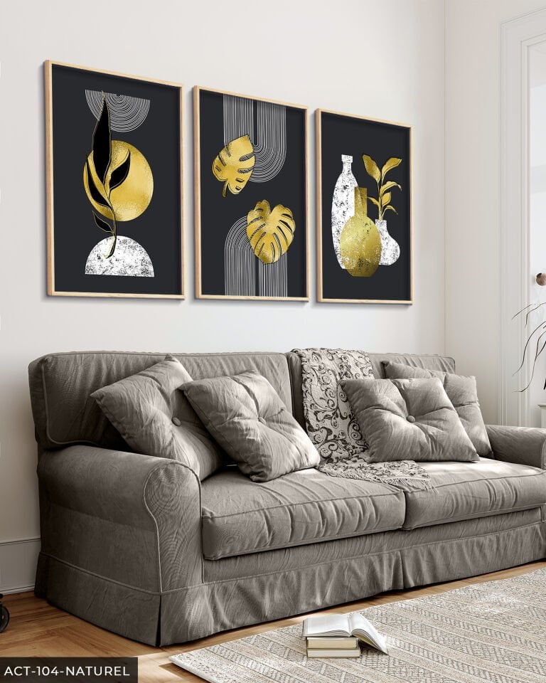 Boho Tarzı Gold Detaylı Yaprak 3 Parça Ahşap Çerçeveli Tablo ACT Naturel - 50 x 70 CM