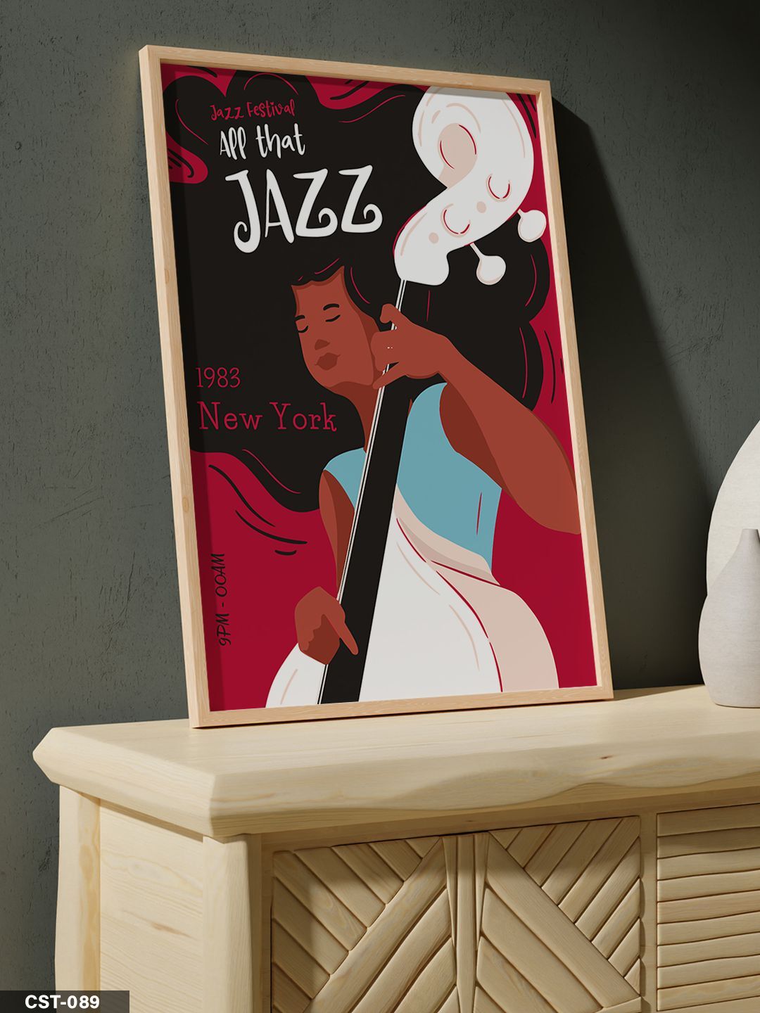 Siyah Fonlu Caz illüstrasyon Jazz Yazılı Tek Parça Ahşap Çerçeveli Tablo Naturel - 50 x 70 CM