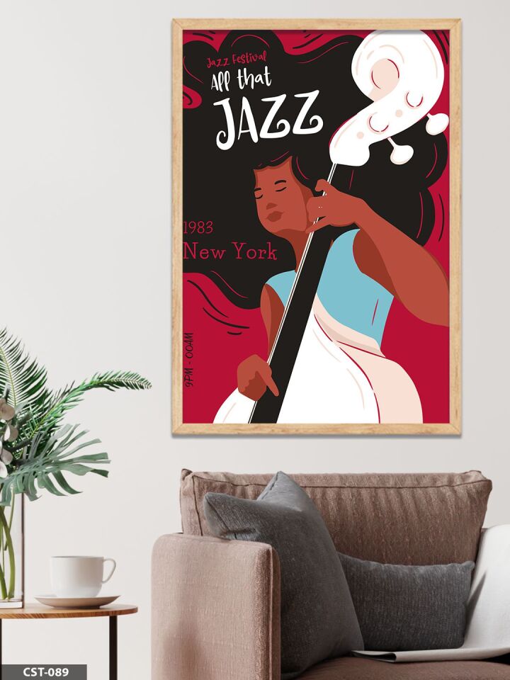 Siyah Fonlu Caz illüstrasyon Jazz Yazılı Tek Parça Ahşap Çerçeveli Tablo Naturel - 50 x 70 CM