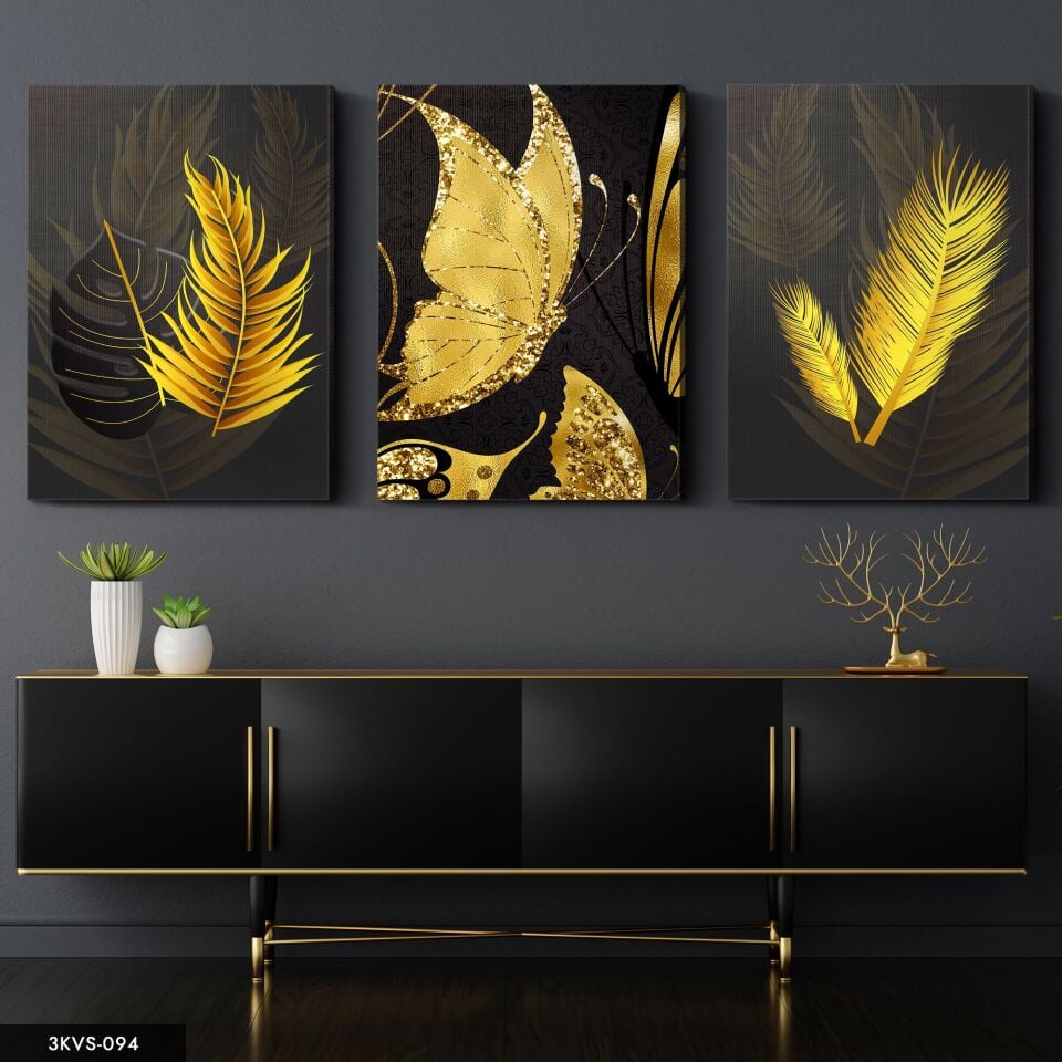 Gold Kelebek ve Yaprak 3 Parça Kanvas - Canvas Tablo 45 x 65 CM