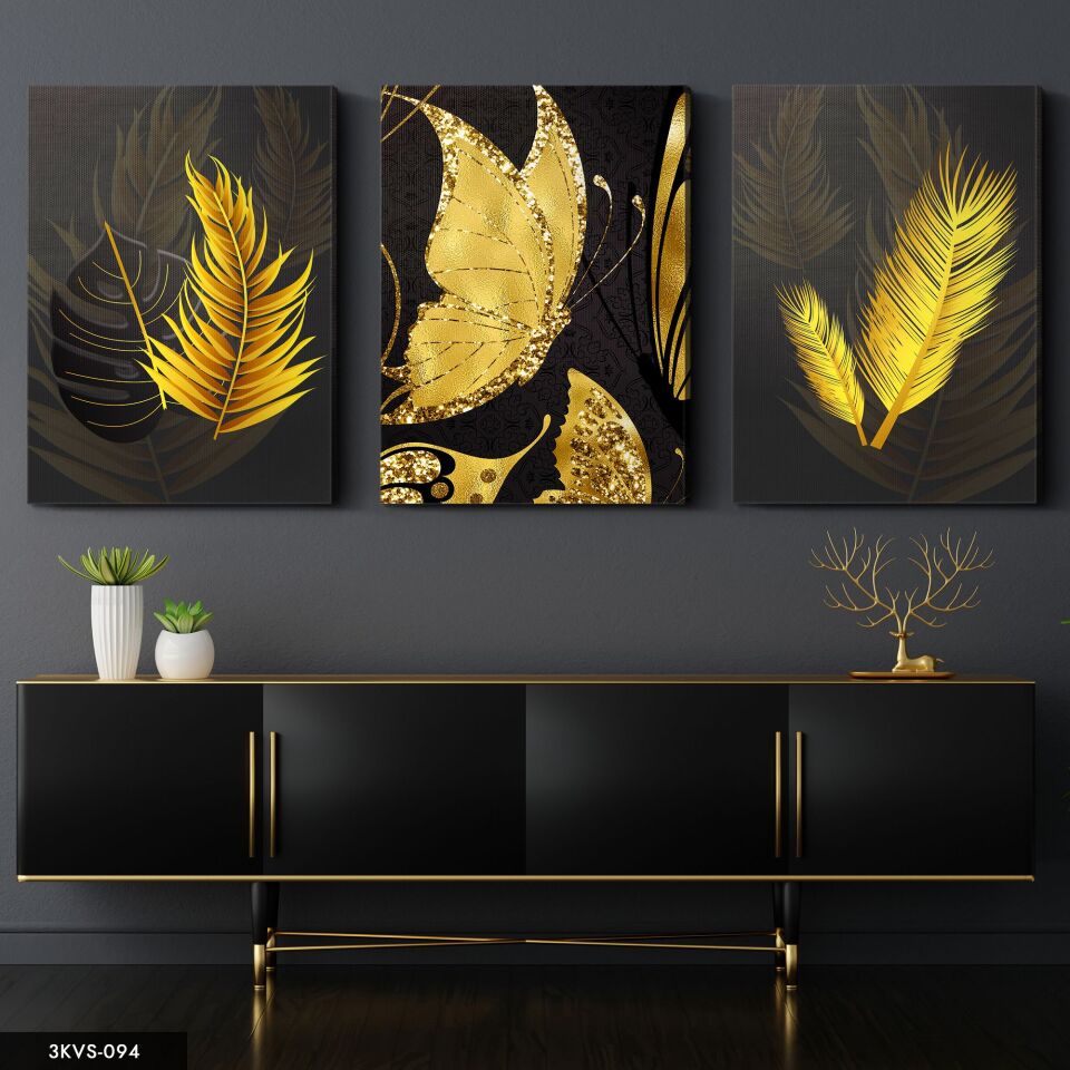Gold Kelebek ve Yaprak 3 Parça Kanvas - Canvas Tablo 40 x 30 CM