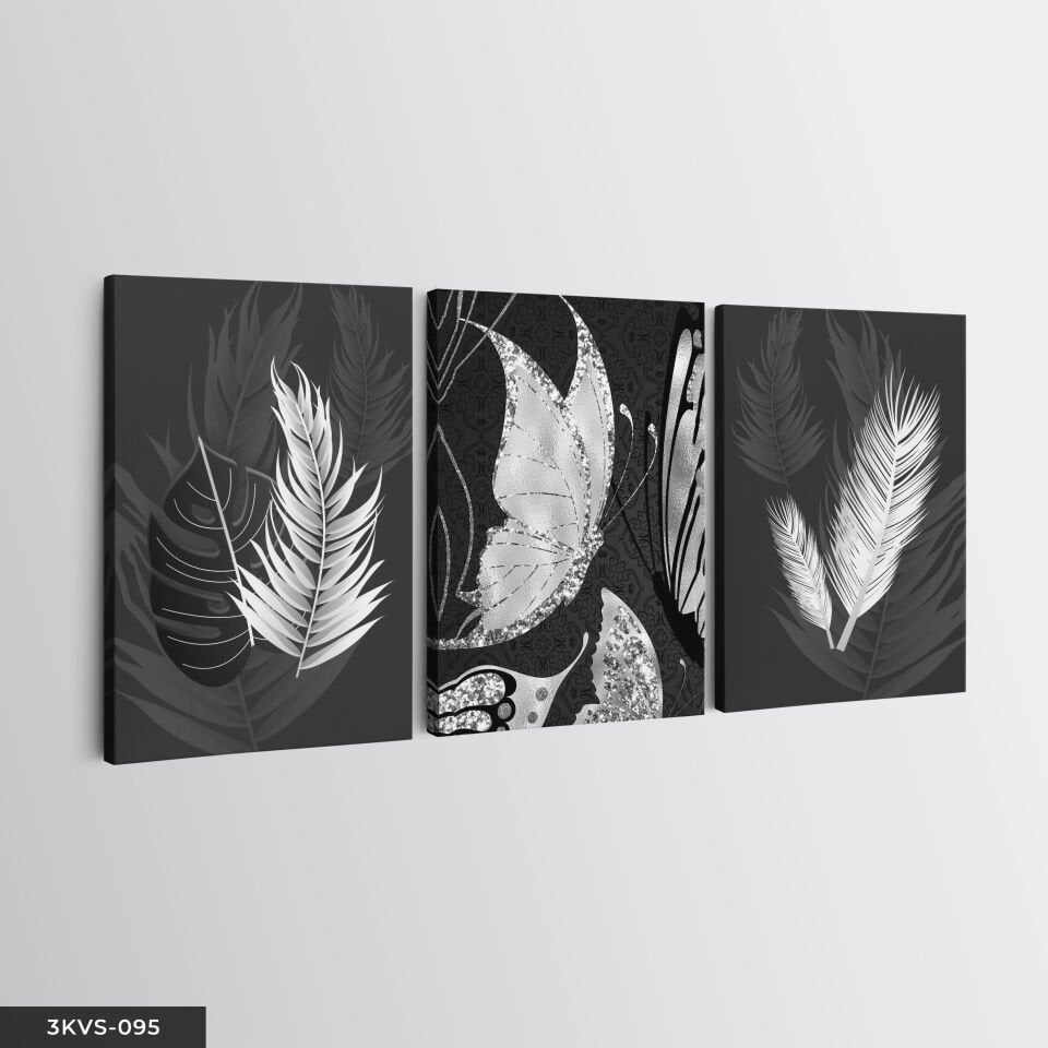 Gümüş Kelebek Yaprak 3 Parça Kanvas - Canvas Tablo 45 x 65 CM
