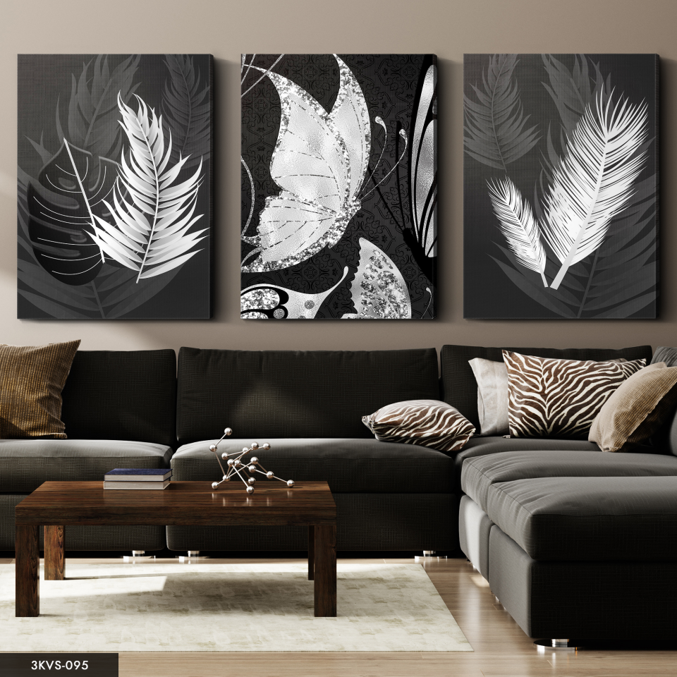 Gümüş Kelebek Yaprak 3 Parça Kanvas - Canvas Tablo 45 x 65 CM