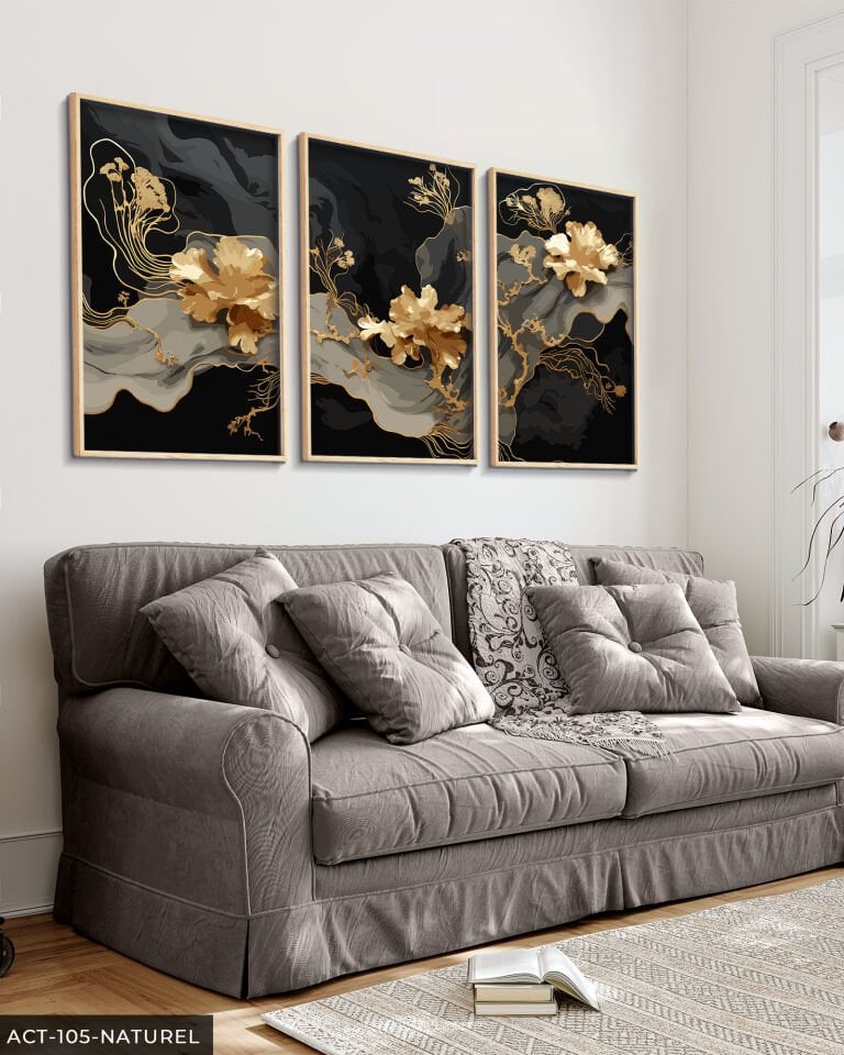 Boho Tarzı Gold Çiçek 3 Parça Ahşap Çerçeveli Tablo ACT Naturel - 50 x 70 CM