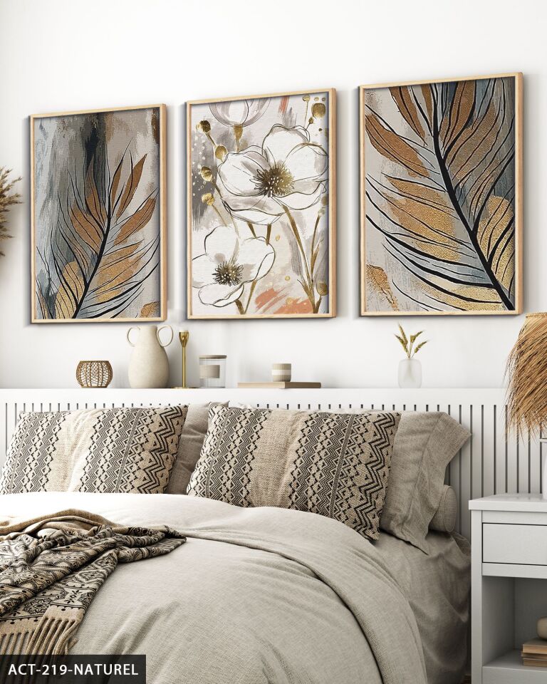 Gold Detaylı Yaprak ve Çiçek 3 Parça Ahşap Çerçeveli Tablo ACT Naturel - 40 x 60 CM