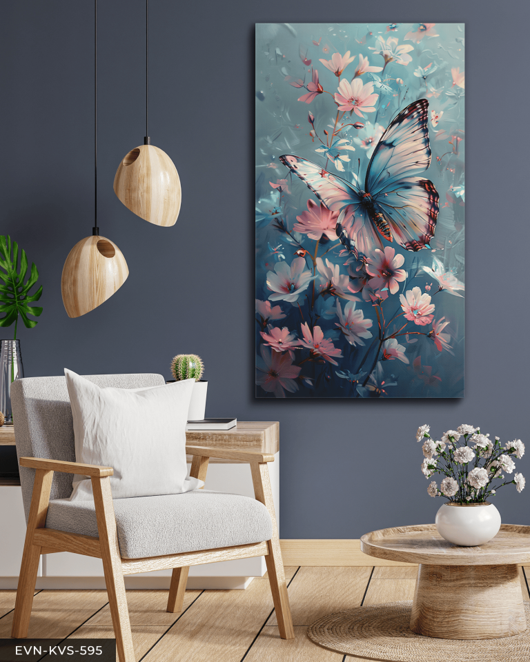 Pembe Çiçekler ve Kelebek Tek Parça Kanvas - Canvas Tablo