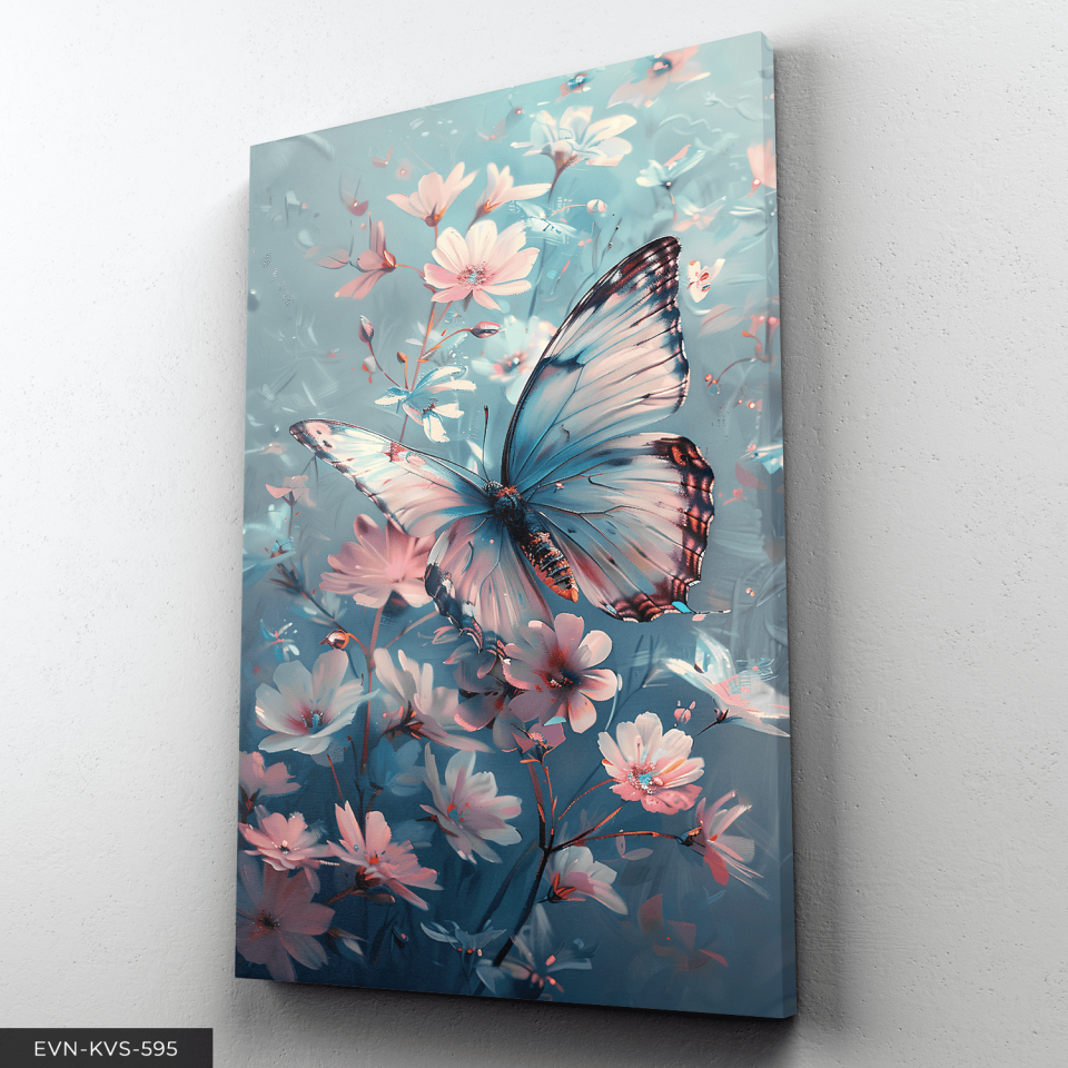 Pembe Çiçekler ve Kelebek Tek Parça Kanvas - Canvas Tablo