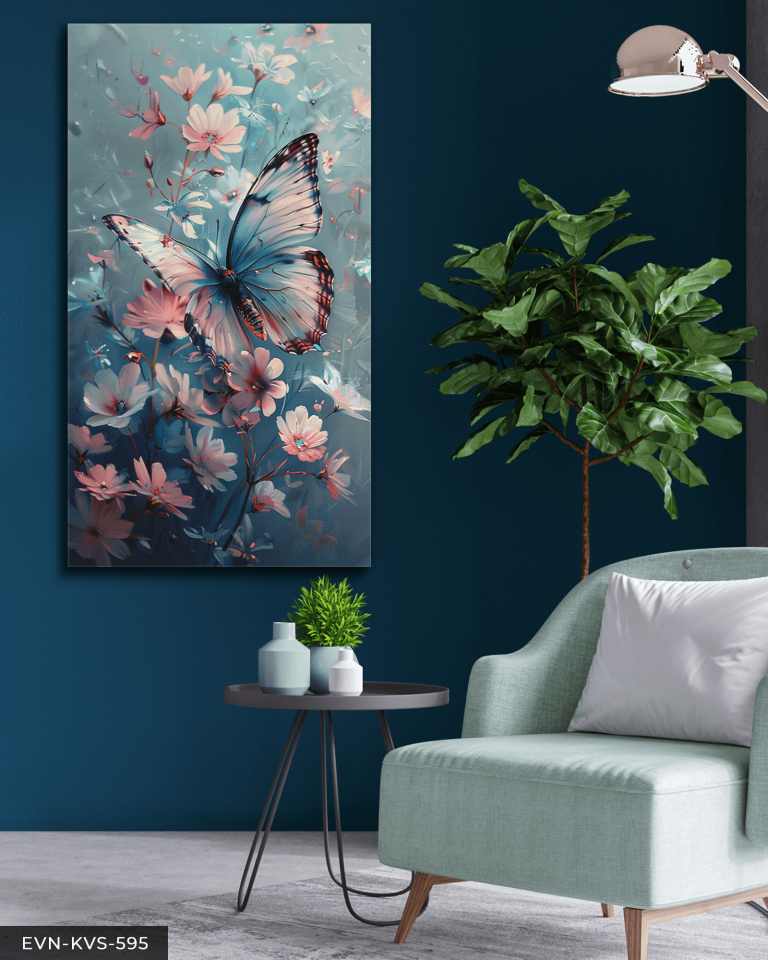 Pembe Çiçekler ve Kelebek Tek Parça Kanvas - Canvas Tablo