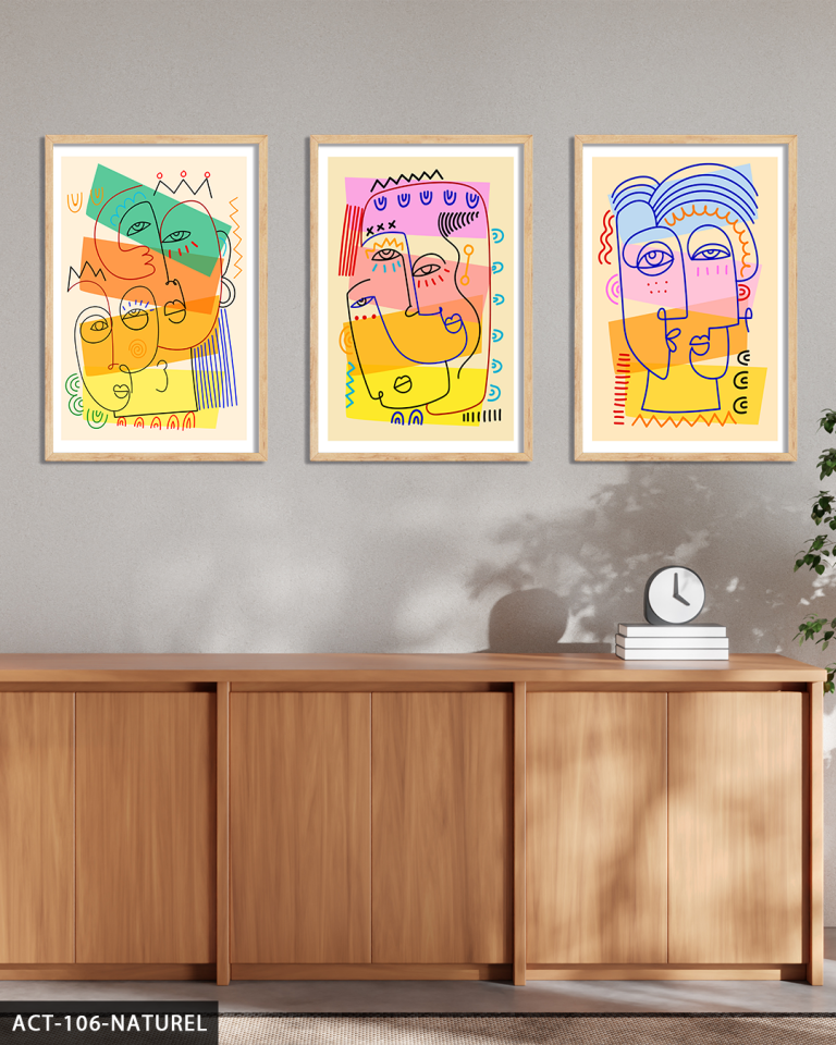 Şekilli Portreler 3 Parça Ahşap Çerçeveli Tablo ACT Naturel - 50 x 70 CM