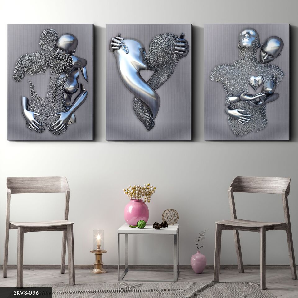 Aşk Temalı Sanatsal Heykel 3 Parça Kanvas - Canvas Tablo 40 x 30 CM