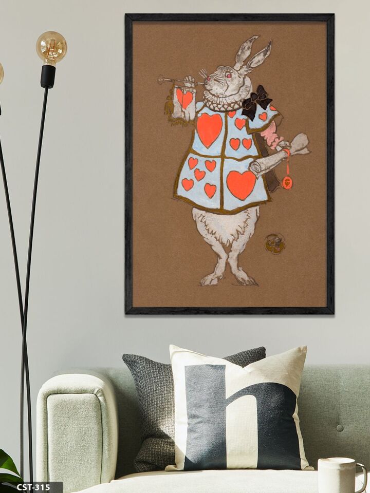 Alice Harikalar Diyarında Beyaz Tavşan Tek Parça Ahşap Çerçeveli Tablo Siyah - 40 x 60 CM