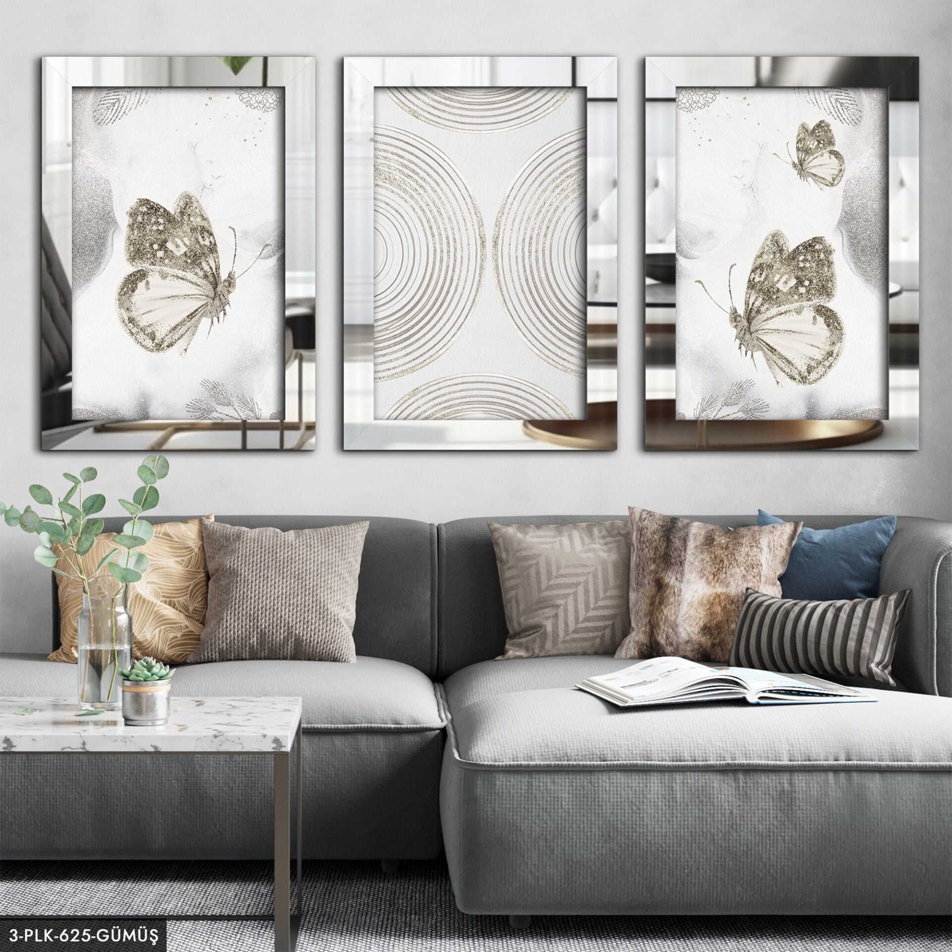 Kelebek 3 Parça Pleksi Aynalı Tablo 30 x 40 CM - Gümüş