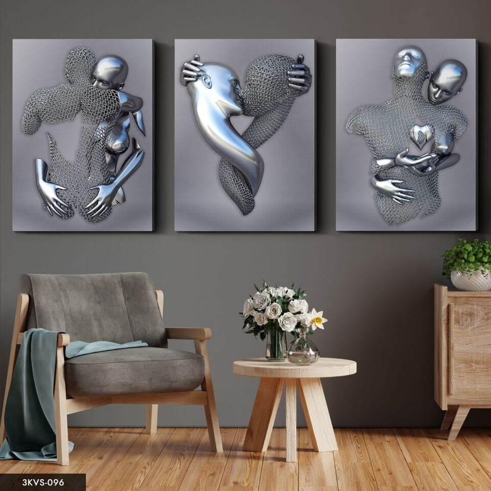 Aşk Temalı Sanatsal Heykel 3 Parça Kanvas - Canvas Tablo 40 x 30 CM