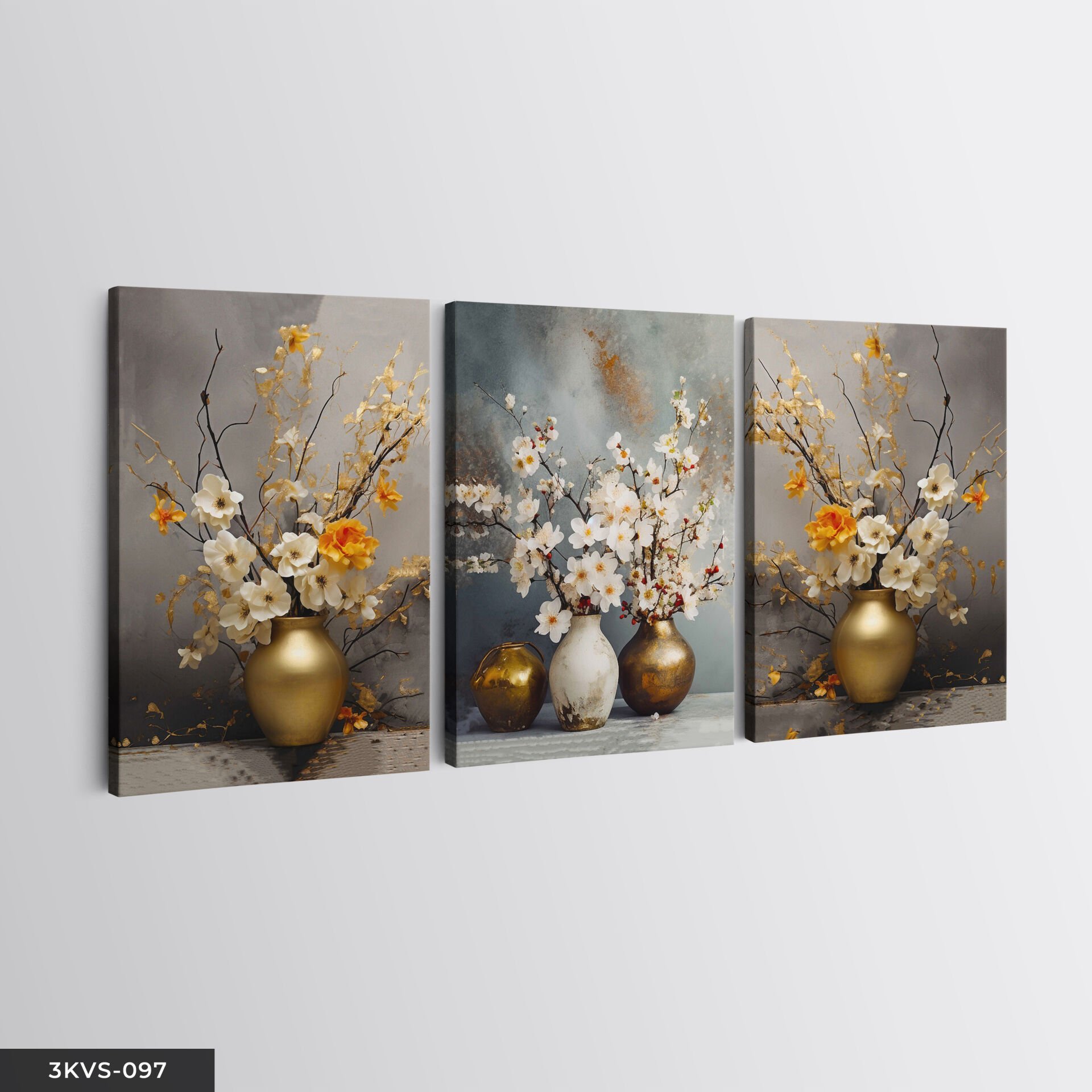 Gold Vazoda Çiçekler 3 Parça Kanvas - Canvas Tablo 40 x 30 CM