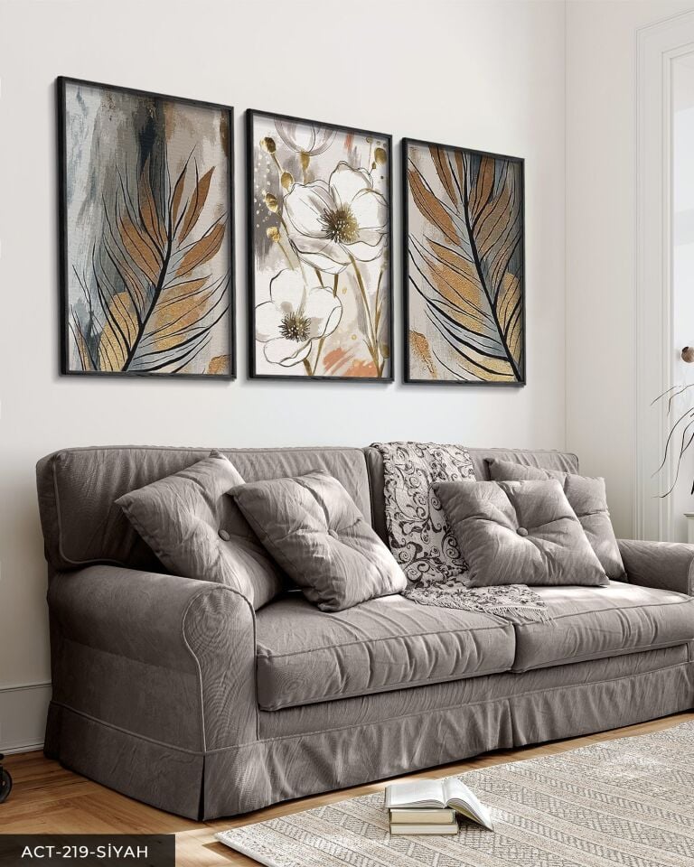 Gold Detaylı Yaprak ve Çiçek 3 Parça Ahşap Çerçeveli Tablo ACT Siyah - 20 x 30 CM