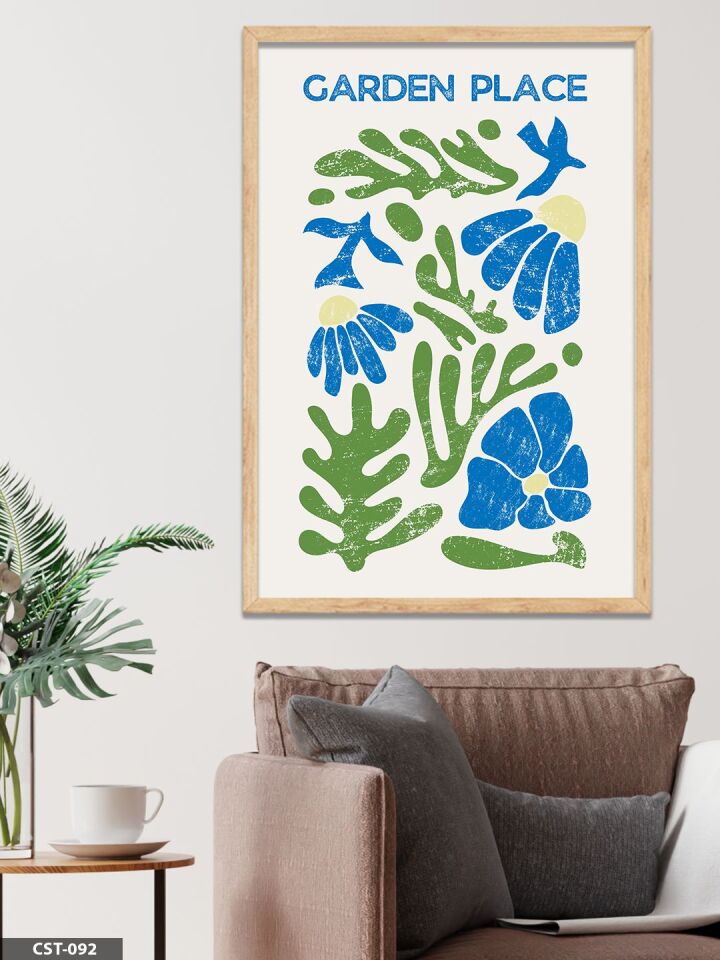 Mavi-yeşil Çiçekli Garden Place Yazılı Tek Parça Ahşap Çerçeveli Tablo Naturel - 50 x 70 CM