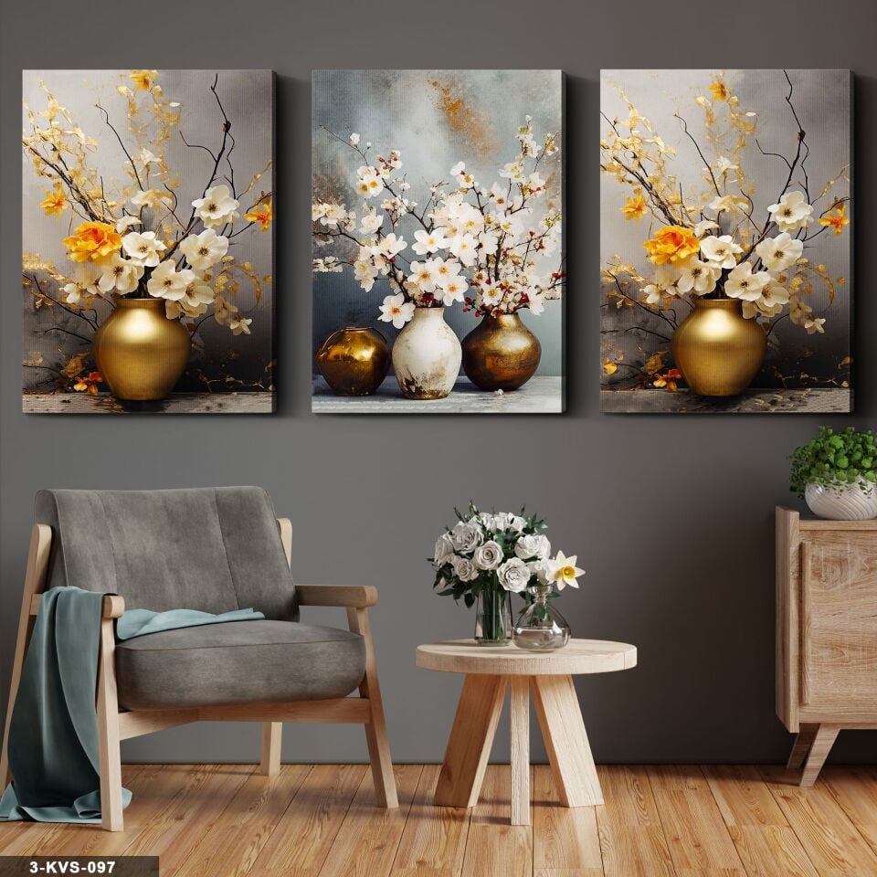 Gold Vazoda Çiçekler 3 Parça Kanvas - Canvas Tablo 40 x 30 CM