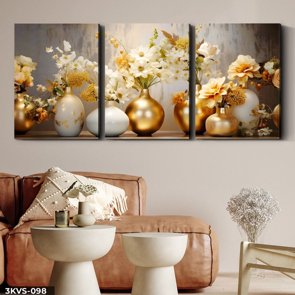 Gold Vazoda Çiçekler 3 Parça Kanvas - Canvas Tablo 45 x 65 CM