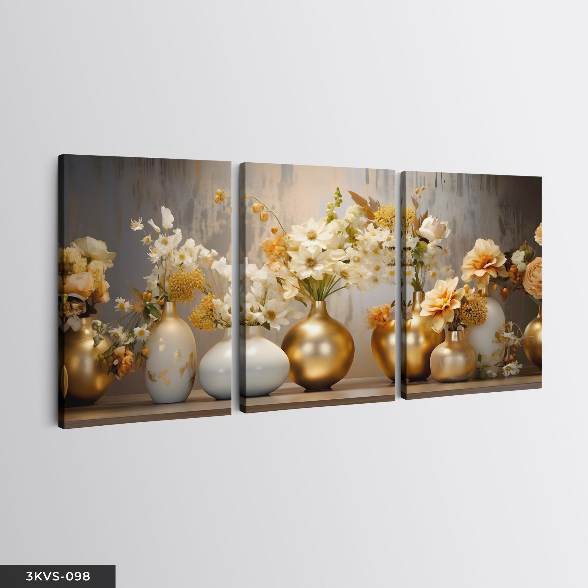 Gold Vazoda Çiçekler 3 Parça Kanvas - Canvas Tablo 40 x 30 CM
