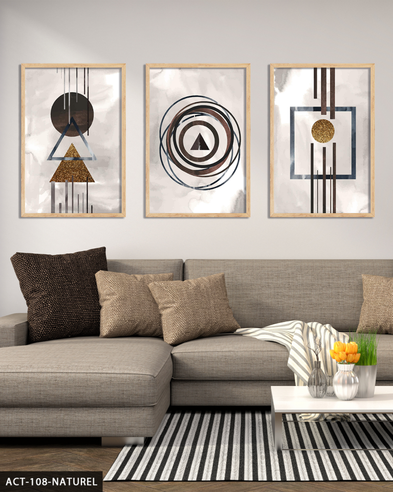 Sulu Boya Görünümlü Soyut Sanat 3 Parça Ahşap Çerçeveli Tablo ACT Naturel - 50 x 70 CM