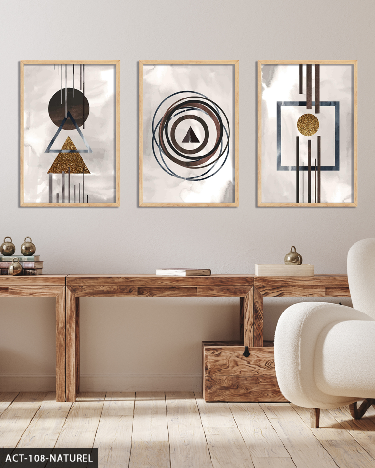 Sulu Boya Görünümlü Soyut Sanat 3 Parça Ahşap Çerçeveli Tablo ACT Naturel - 50 x 70 CM