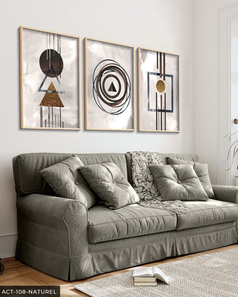 Sulu Boya Görünümlü Soyut Sanat 3 Parça Ahşap Çerçeveli Tablo ACT Naturel - 50 x 70 CM