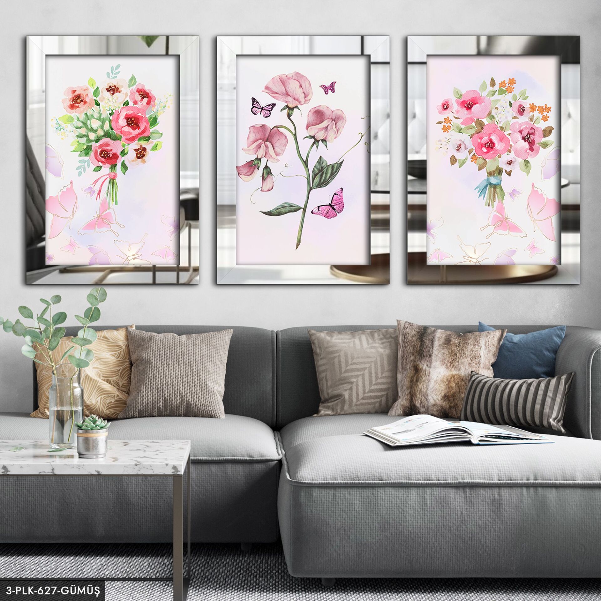 Pembe Çiçekler 3 Parça Pleksi Aynalı Tablo 30 x 40 CM - Gümüş
