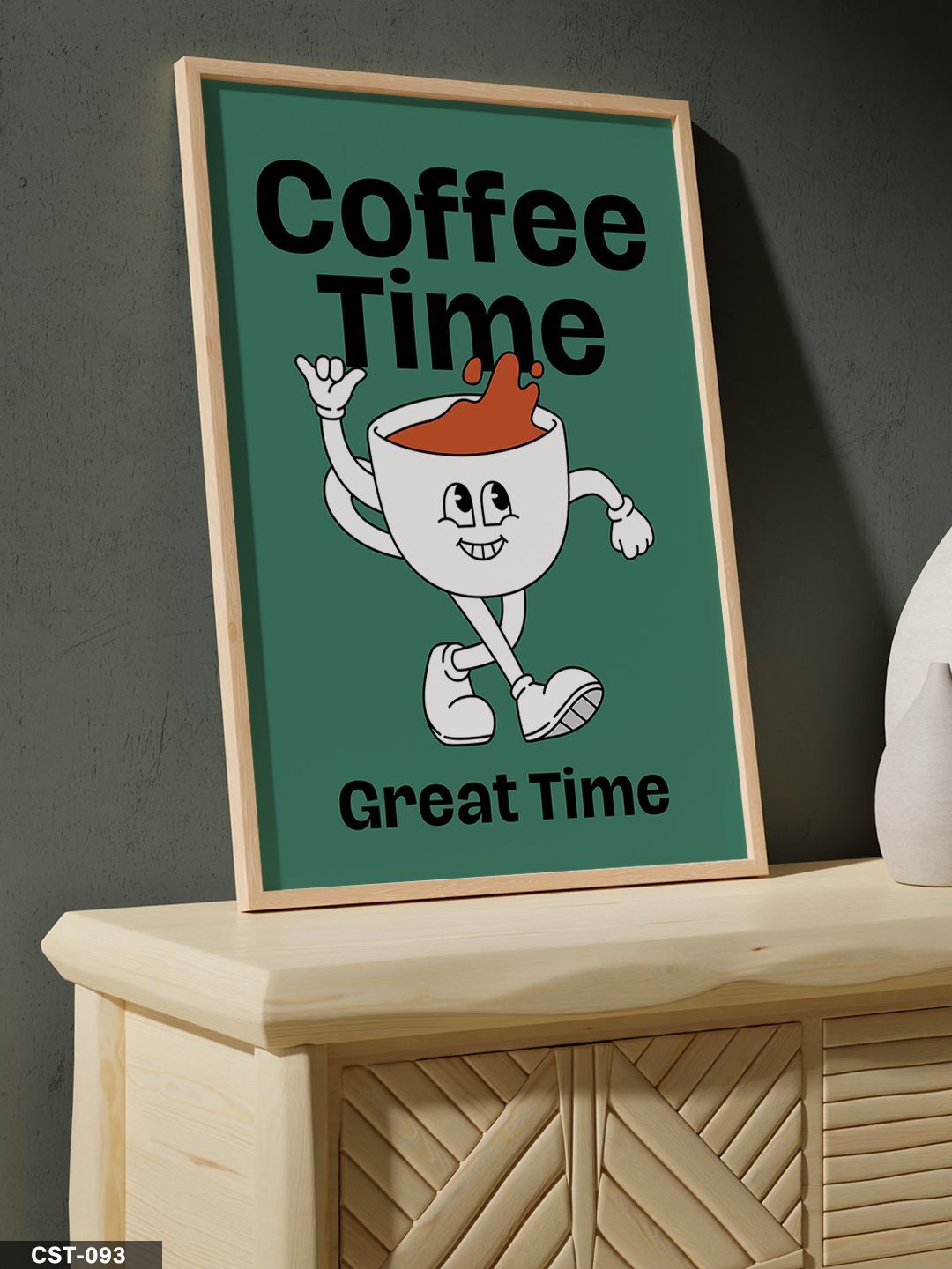 Yeşil Fonlu Coffee Time Yazılı illüstrasyon Tek Parça Ahşap Çerçeveli Tablo Naturel - 50 x 70 CM