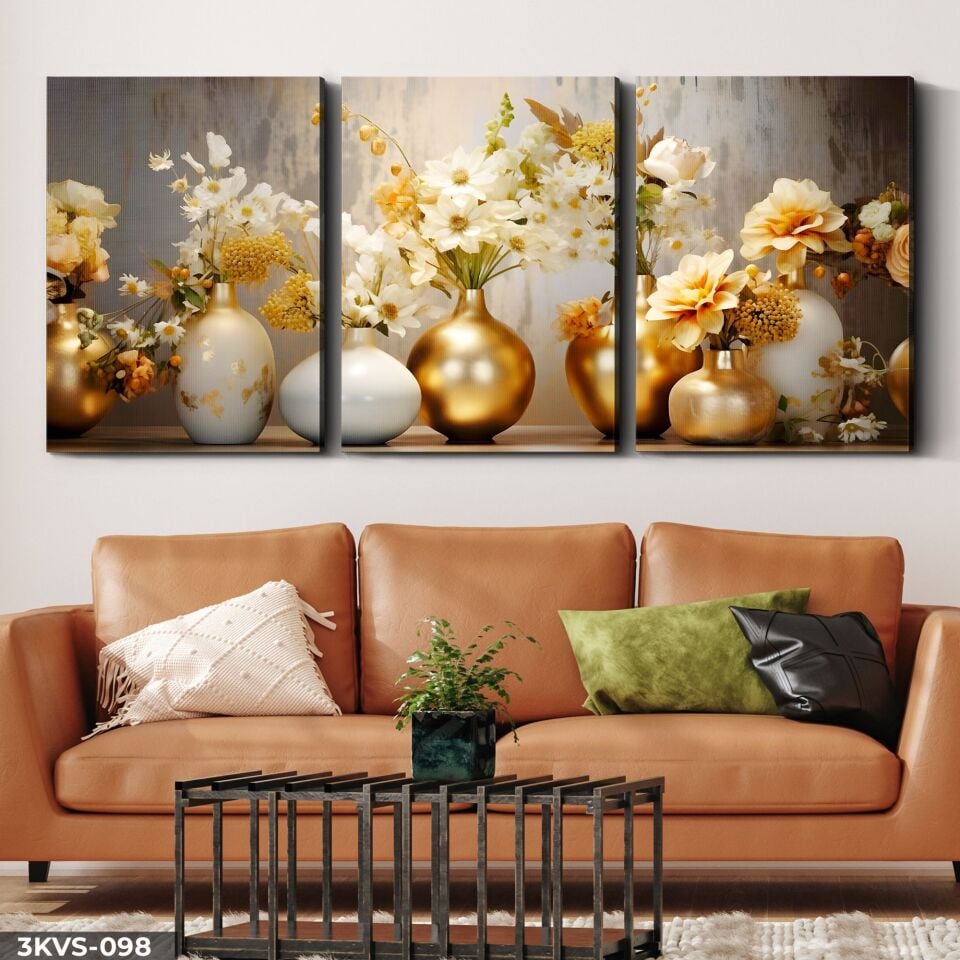 Gold Vazoda Çiçekler 3 Parça Kanvas - Canvas Tablo 40 x 30 CM
