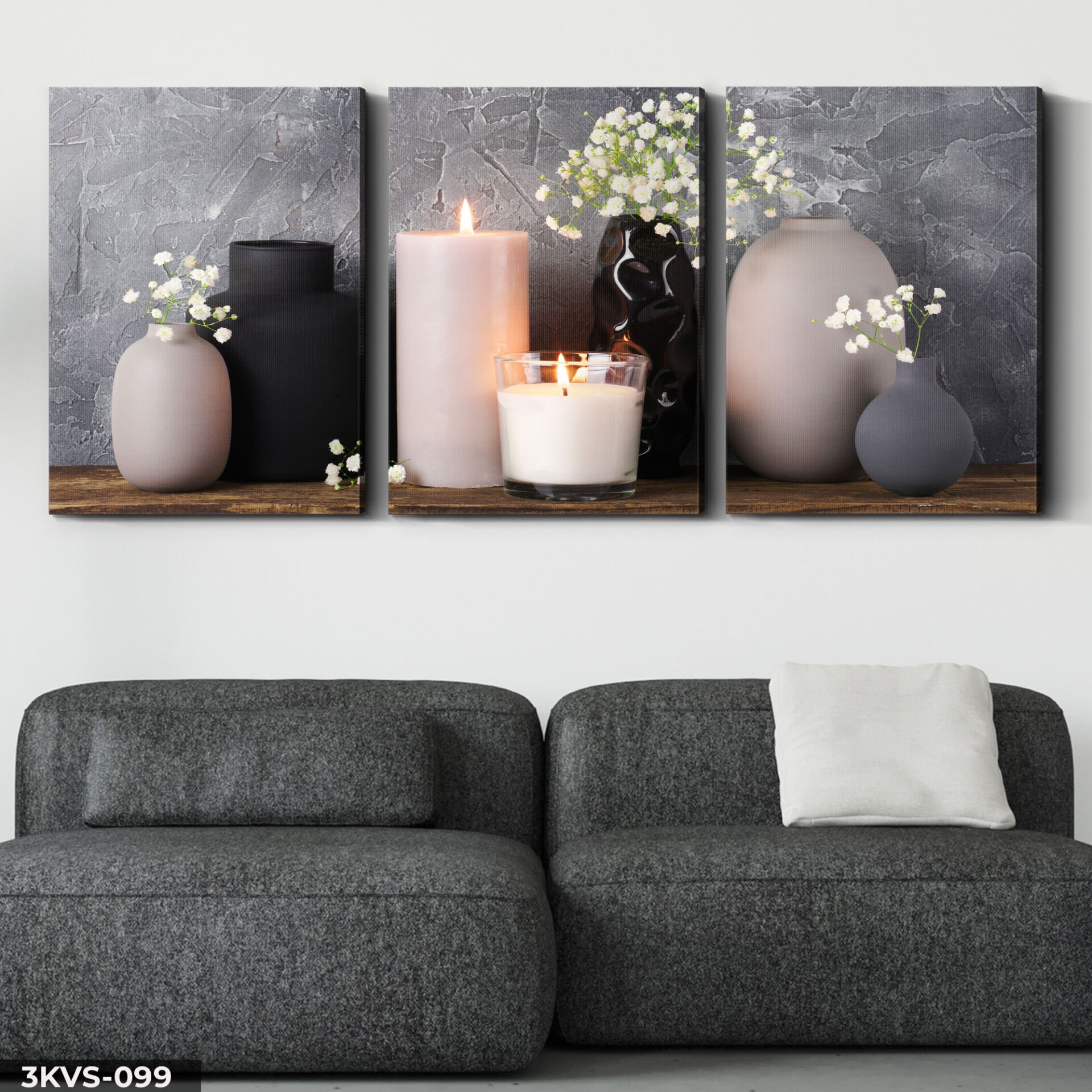 Mum Vazo Çiçekler 3 Parça Kanvas - Canvas Tablo 45 x 65 CM