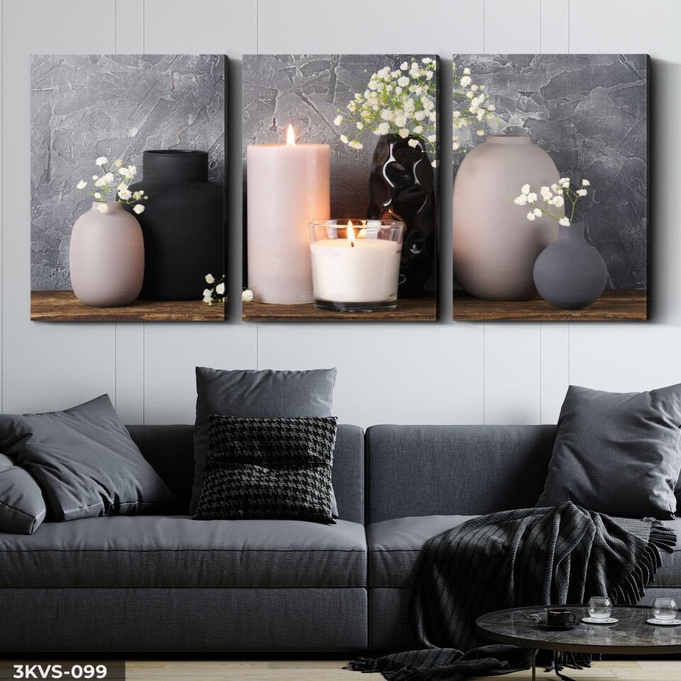 Mum Vazo Çiçekler 3 Parça Kanvas - Canvas Tablo 45 x 65 CM