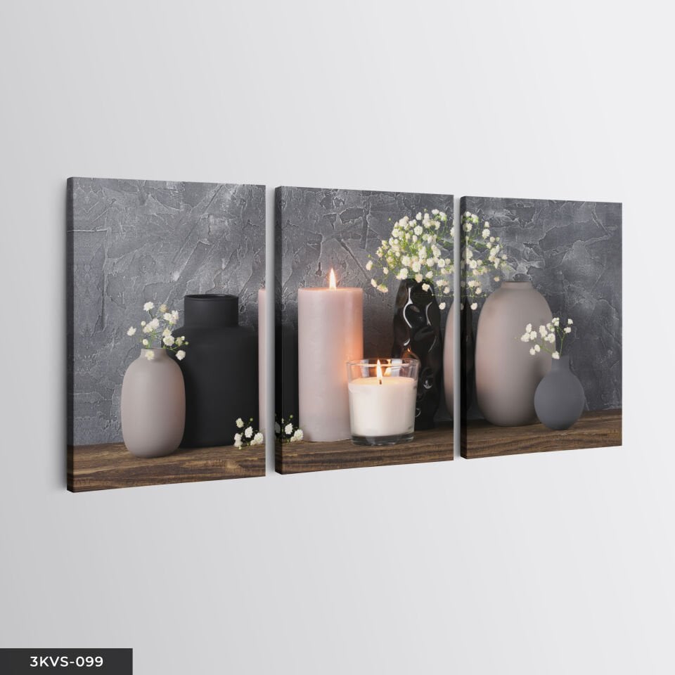 Mum Vazo Çiçekler 3 Parça Kanvas - Canvas Tablo 45 x 65 CM