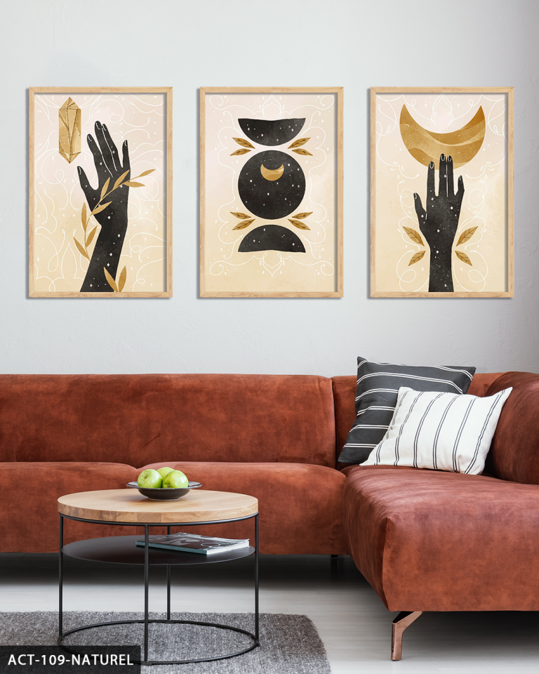 Sulu Boya Görünümlü Boho Tarz 3 Parça Ahşap Çerçeveli Tablo ACT Naturel - 50 x 70 CM