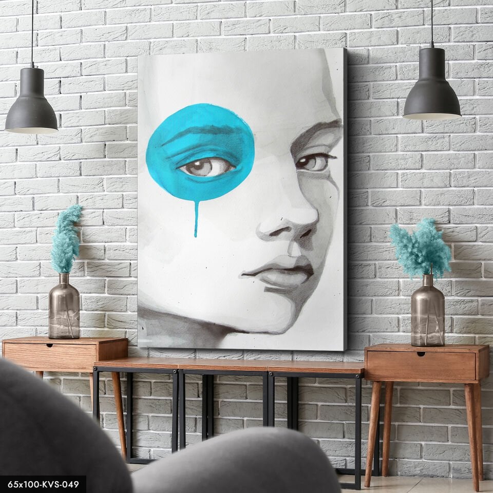 Turkuaz Gözlü Kadın Portre Kanvas - Canvas Tablo 40 x 30 CM - Çok Renkli