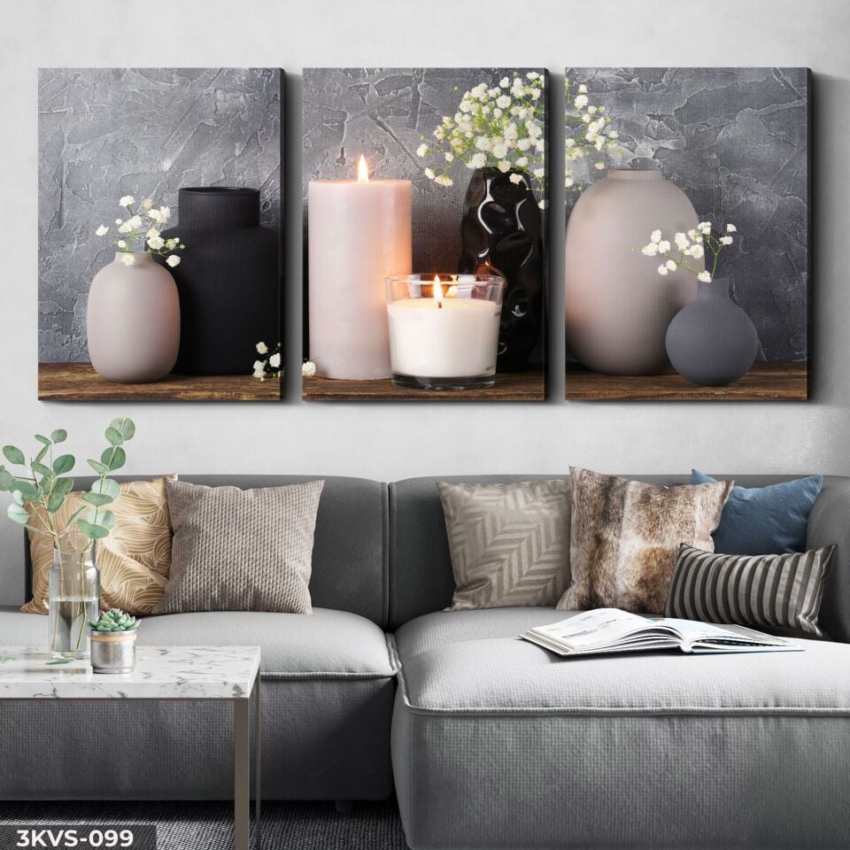 Mum Vazo Çiçekler 3 Parça Kanvas - Canvas Tablo 40 x 30 CM