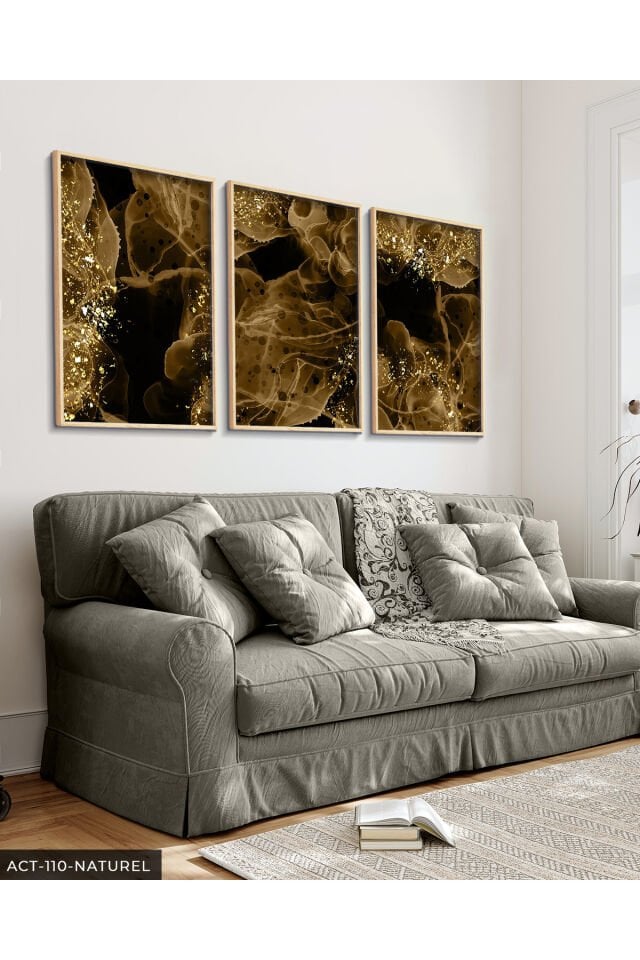 Gold Detaylı Şekiller 3 Parça Ahşap Çerçeveli Tablo ACT Naturel - 50 x 70 CM