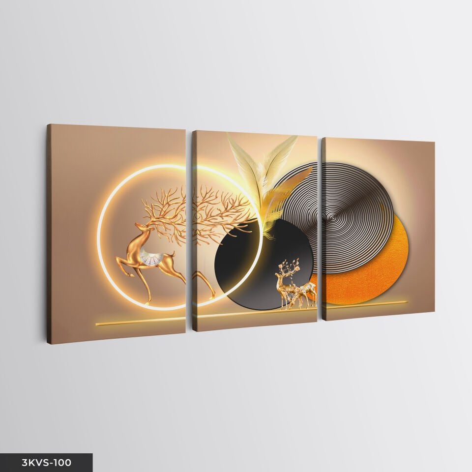 Gold Geyik Yuvarlak Desenler 3 Parça Işıksız Kanvas - Canvas Tablo 45 x 65 CM