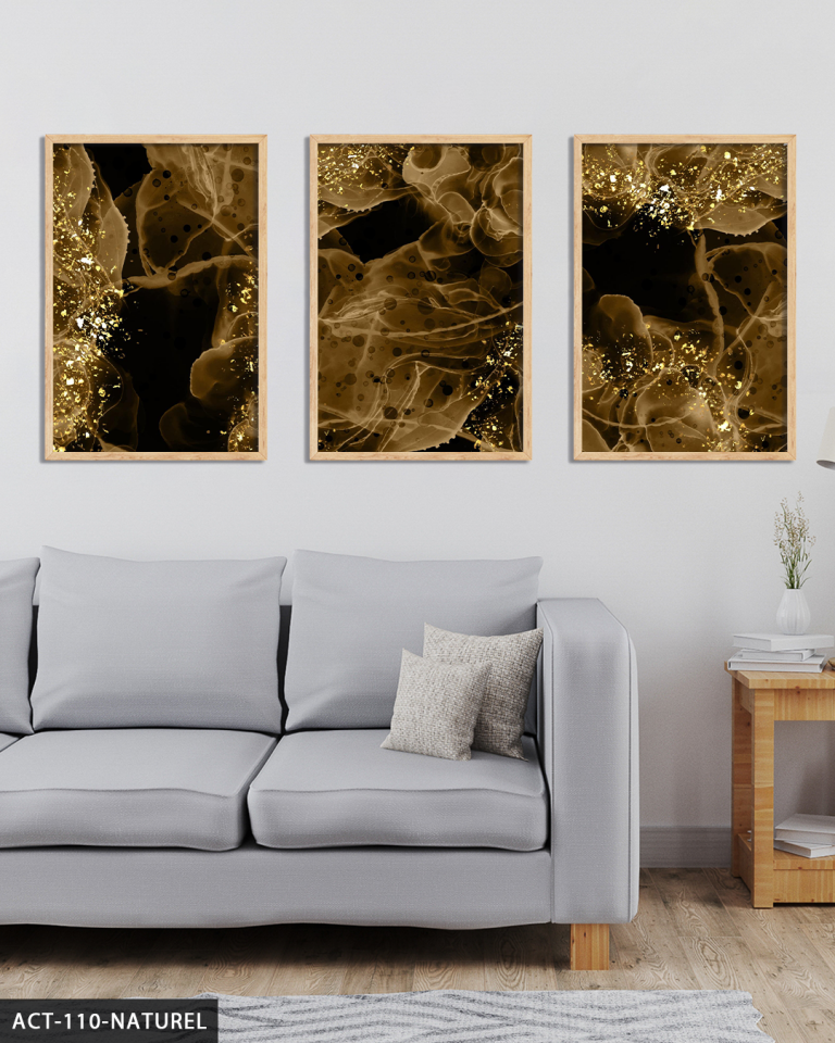 Gold Detaylı Şekiller 3 Parça Ahşap Çerçeveli Tablo ACT Naturel - 50 x 70 CM