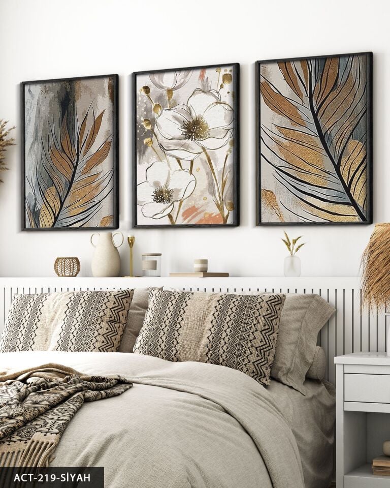 Gold Detaylı Yaprak ve Çiçek 3 Parça Ahşap Çerçeveli Tablo ACT Siyah - 50 x 70 CM