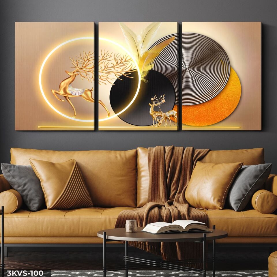 Gold Geyik Yuvarlak Desenler 3 Parça Işıksız Kanvas - Canvas Tablo 45 x 65 CM