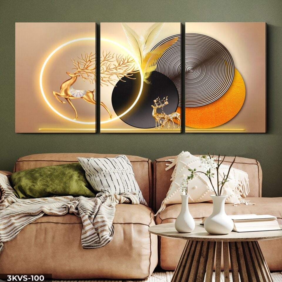 Gold Geyik Yuvarlak Desenler 3 Parça Işıksız Kanvas - Canvas Tablo 40 x 30 CM