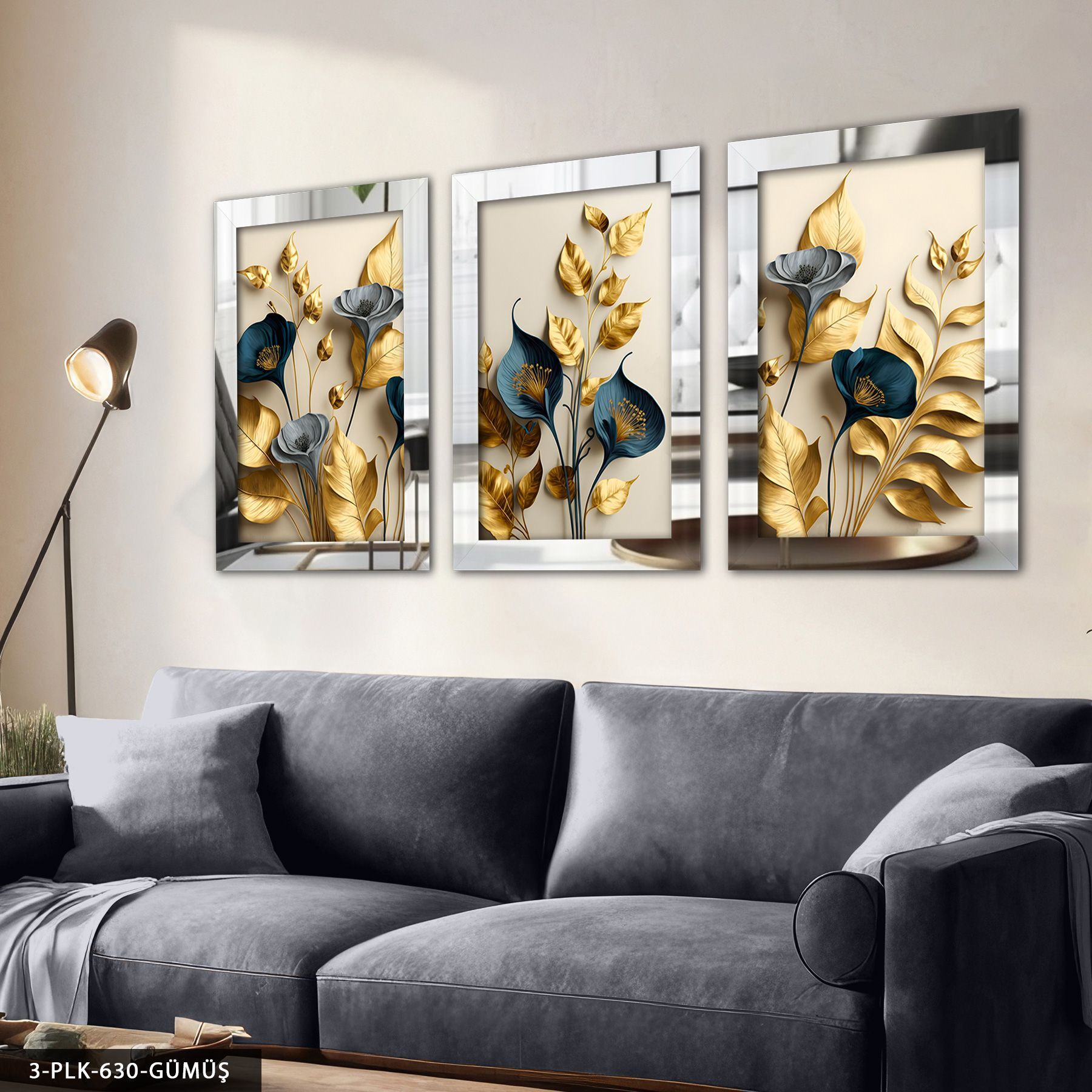 Zarif Altın ve Mavi Çiçekler 3 Parça Pleksi Aynalı Tablo 30 x 40 CM - Gümüş