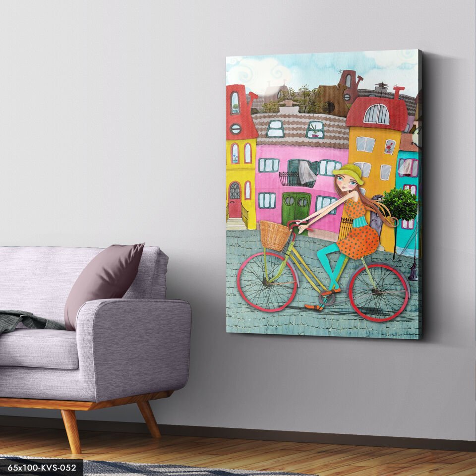 Bisikletli Kız Kanvas - Canvas Tablo 40 x 30 CM - Çok Renkli