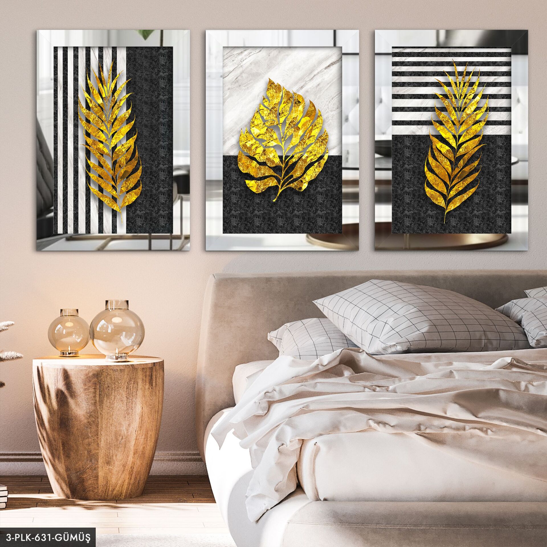 Gold Yapraklar 3 Parça Pleksi Aynalı Tablo 30 x 40 CM - Gümüş