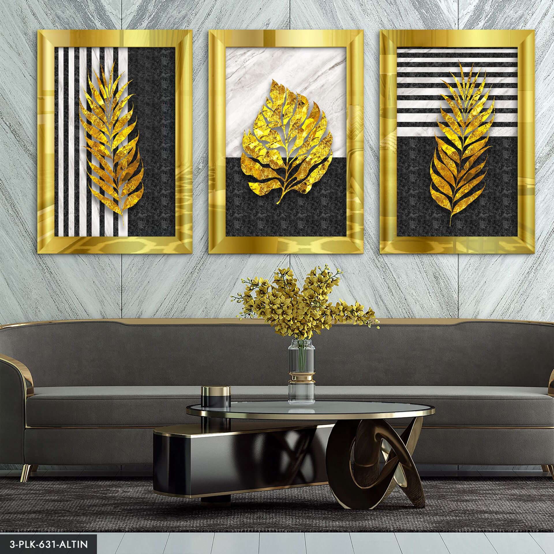Gold Yapraklar 3 Parça Pleksi Aynalı Tablo 30 x 40 CM - Gold