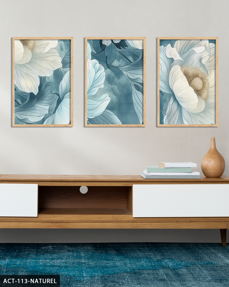 Mavi Zeminde Beyaz Çiçek 3 Parça Ahşap Çerçeveli Tablo ACT Naturel - 50 x 70 CM
