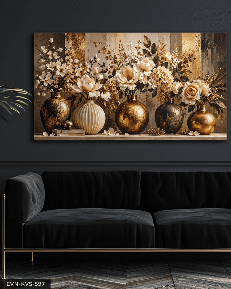 Gold Vazoda Beyaz Çiçekler Tek Parça Kanvas - Canvas Tablo