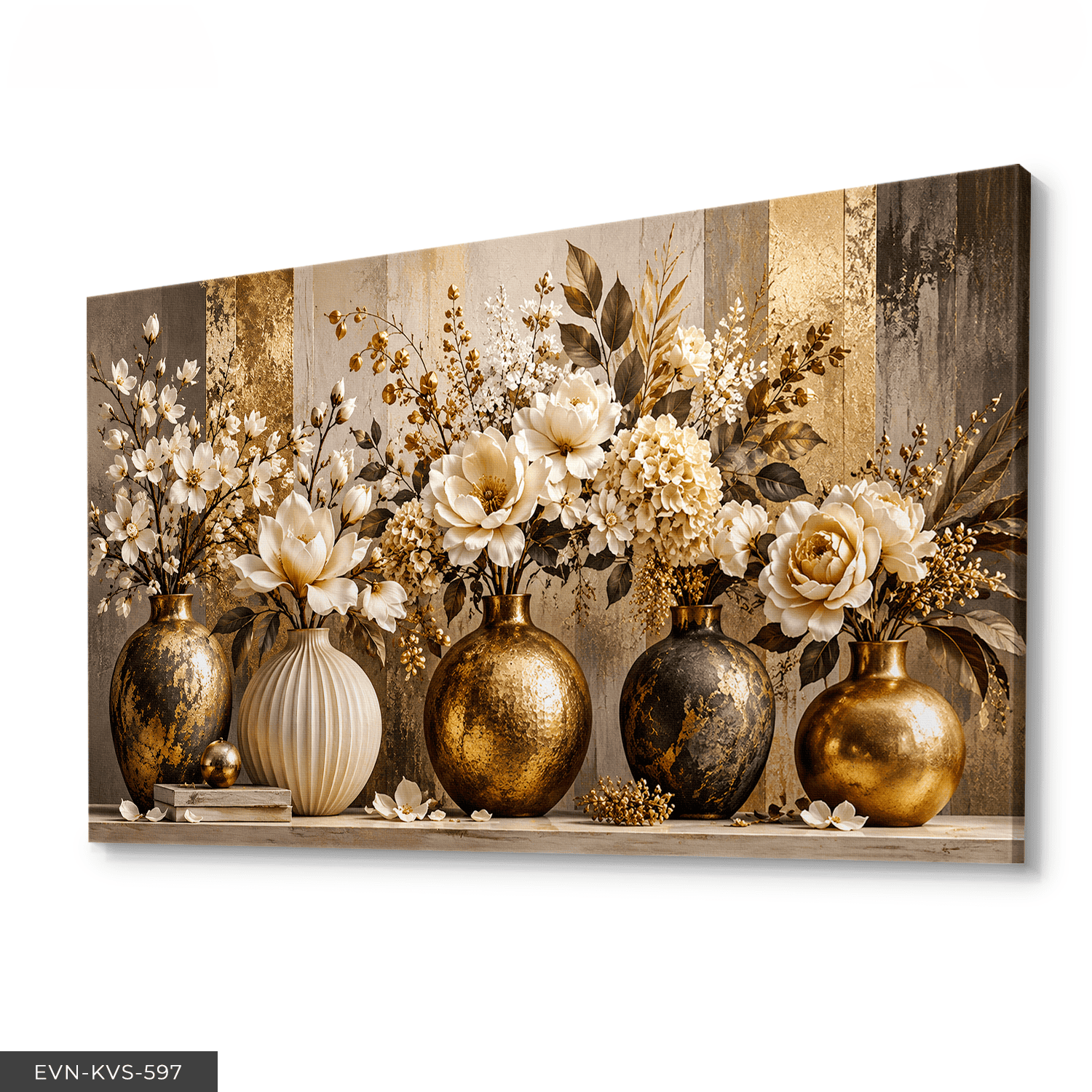 Gold Vazoda Beyaz Çiçekler Tek Parça Kanvas - Canvas Tablo