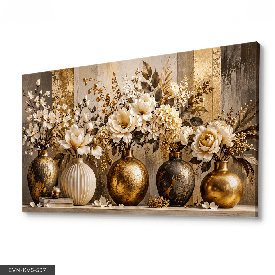 Gold Vazoda Beyaz Çiçekler Tek Parça Kanvas - Canvas Tablo